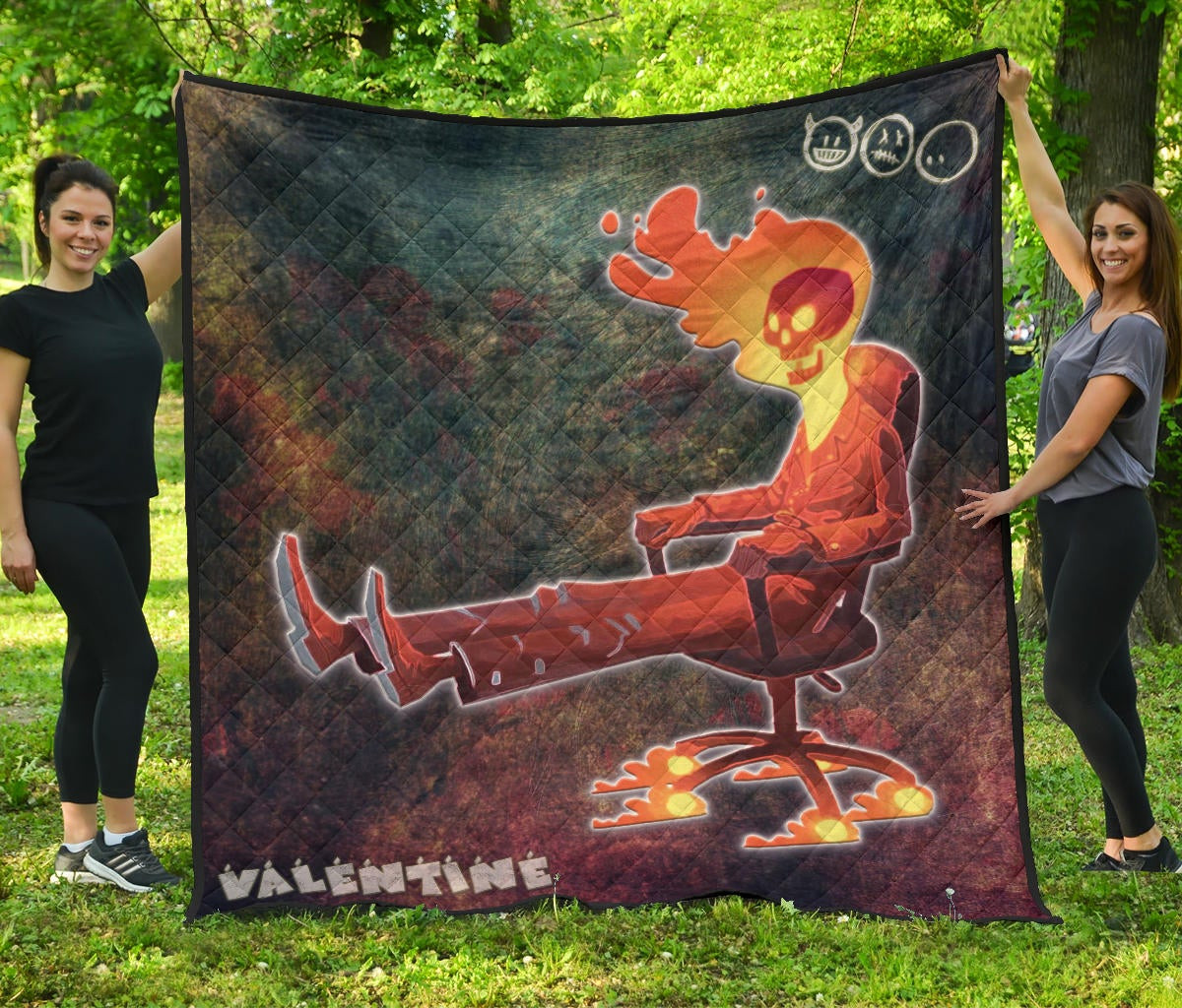 Skull Premium Quilt – Skeleton With Fire Head On Chair Valentine Text Candle Quilt Blanket