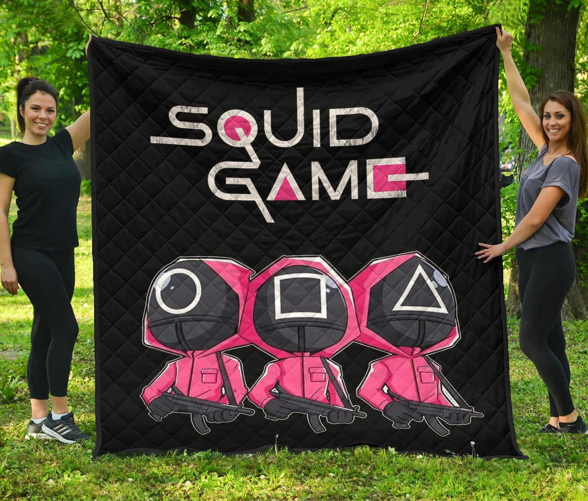 Squid Game Movie Premium Quilt Cute Chibi Squid Workers Round Square Triangle Big Head Quilt Blanket