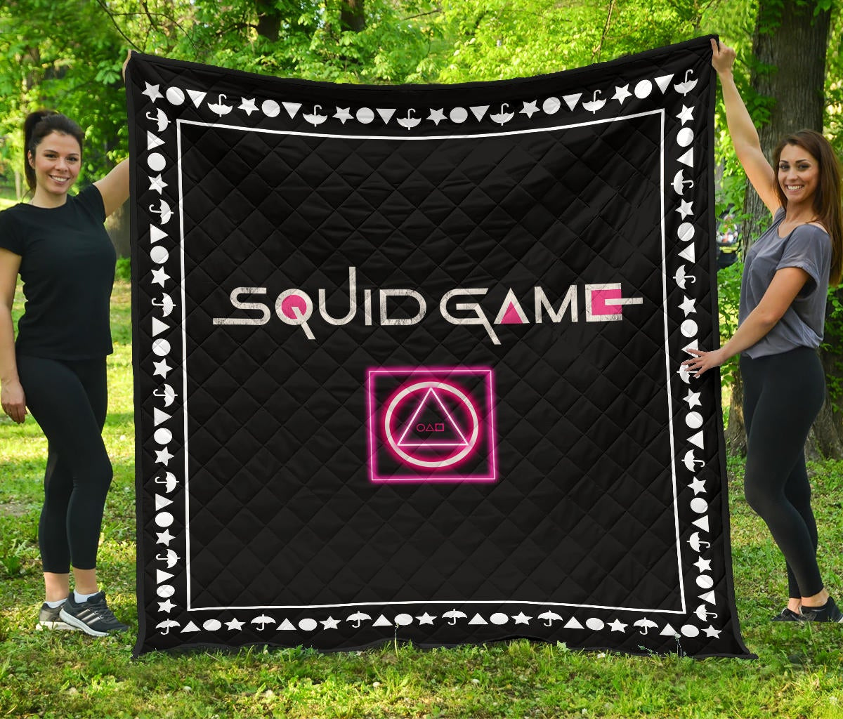 Squid Game Movie Premium Quilt Neon Squid Symbols Round Square Triangle Umbrella Patterns Quilt Blanket