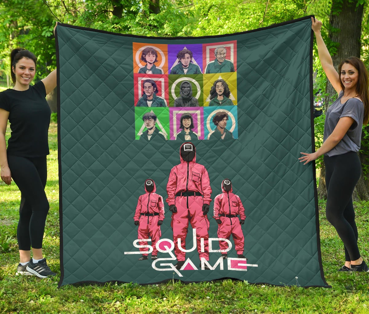 Squid Game Movie Premium Quilt Players Portrait With Black Masked Boss And Squid Worker Standing Quilt Blanket