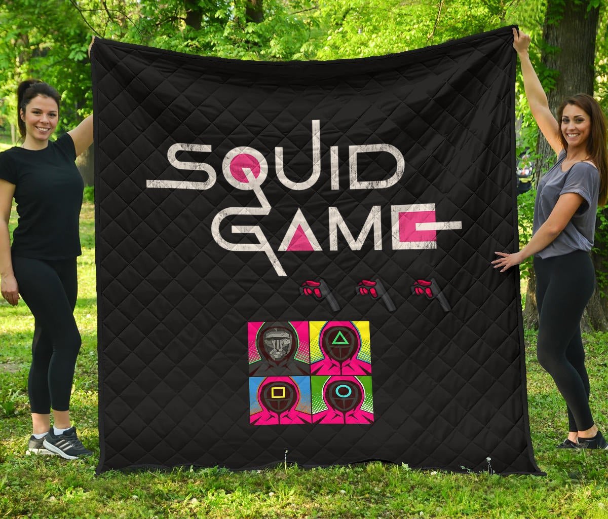 Squid Game Movie Premium Quilt Squid Worker With Black Masked Man Boss Colorful Artwork Quilt Blanket