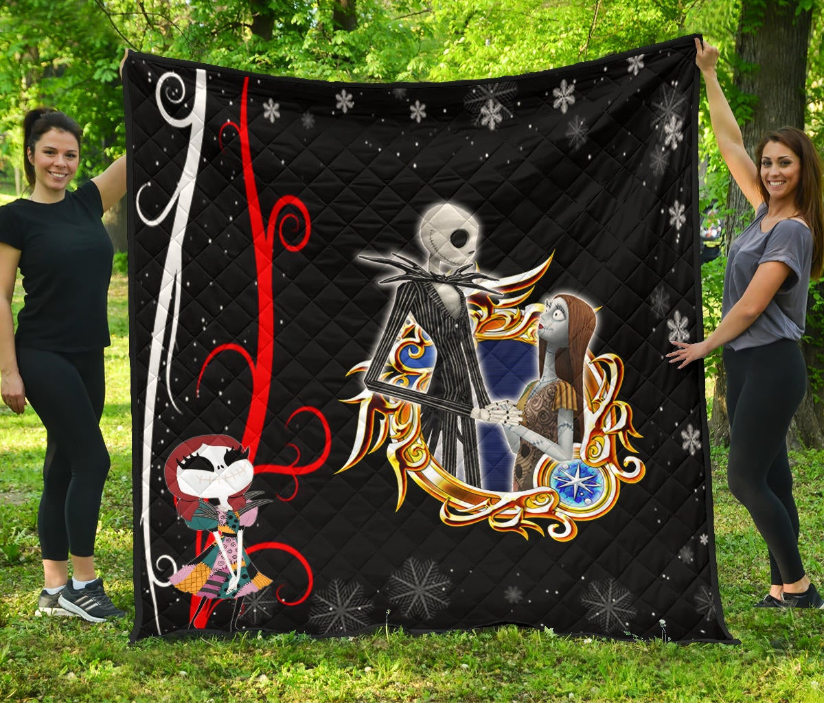 The Nightmare Before Christmas Cartoon Premium Quilt | Chibi Sally And Jack Skellington Love Snowflake Quilt Blanket