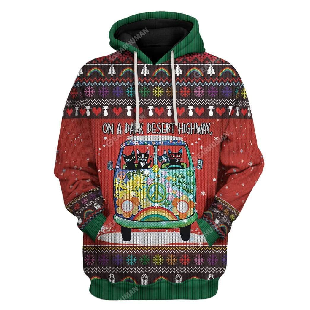 Ugly Christmas Cat On A Dark Desert Highway Hoodie T-Shirts Apparel