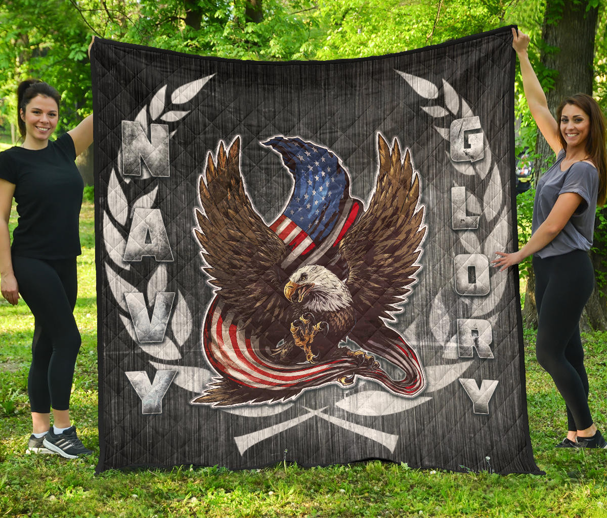 US Independence Day Navy Glory Flying Eagle Claw With US Flag Premium Quilt Blanket