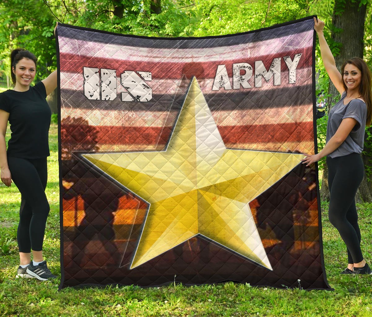 US Independence Day US Army In War Silhouette Yellow Star Premium Quilt Blanket