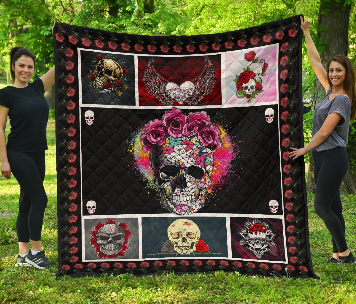 Valentine Premium Quilt – Awesome Floral Skulls In Square Roses Patterns Quilt Blanket