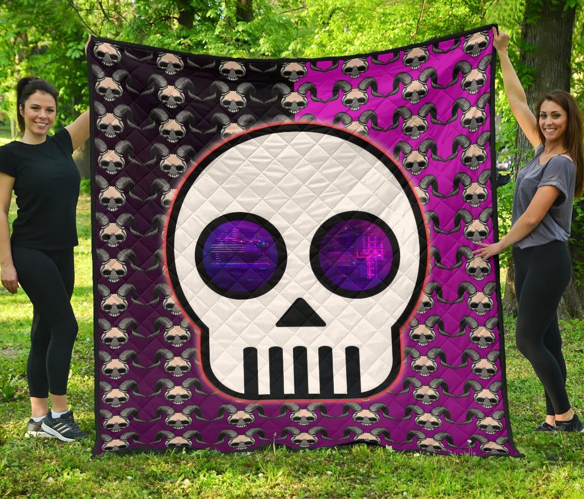 Valentine Premium Quilt – Chibi Skull Evil Horn Monster Patterns Purple And Black Quilt Blanket