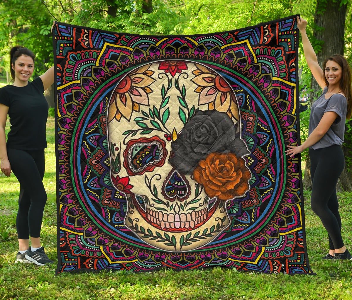 Valentine Premium Quilt – Colored Mandala Skull Background Roses From Eye Quilt Blanket