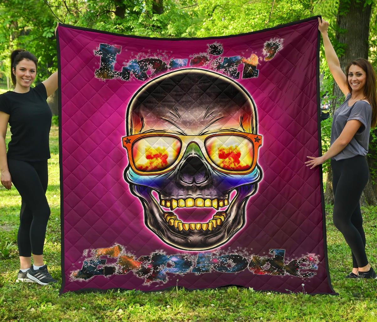 Valentine Premium Quilt – Colorful Rap Skull Wearing Glasses Loving Explode Quilt Blanket