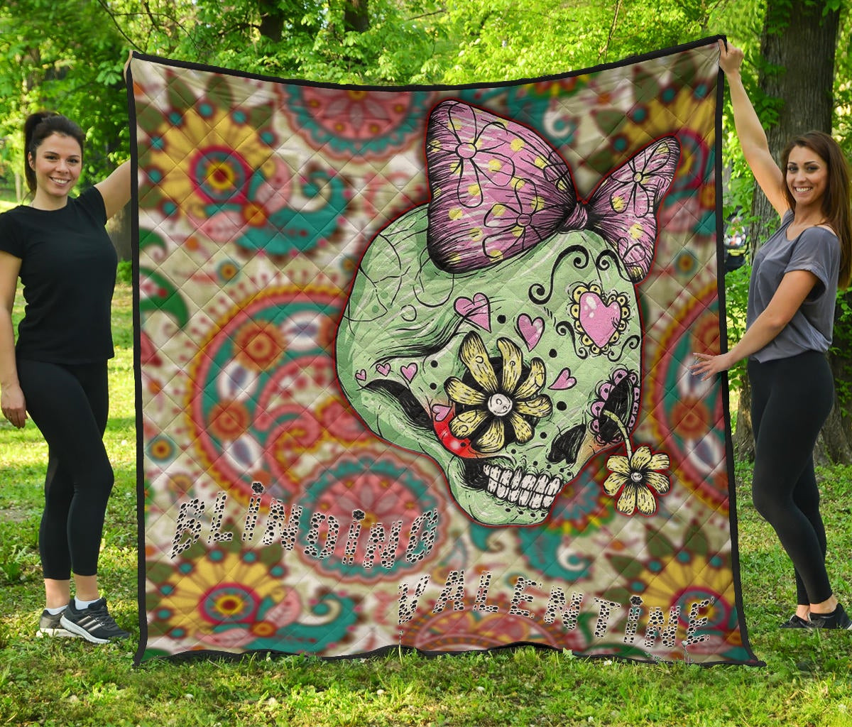 Valentine Premium Quilt – Drawing Floral Skull Blinding Valentine Quilt Blanket