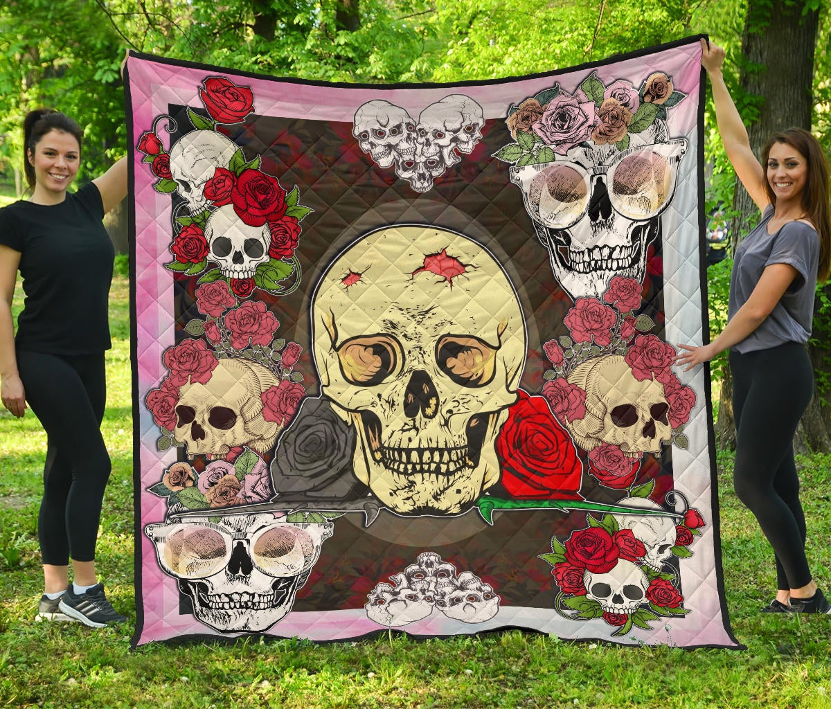 Valentine Premium Quilt – Floral Skulls With Roses Patterns Quilt Blanket