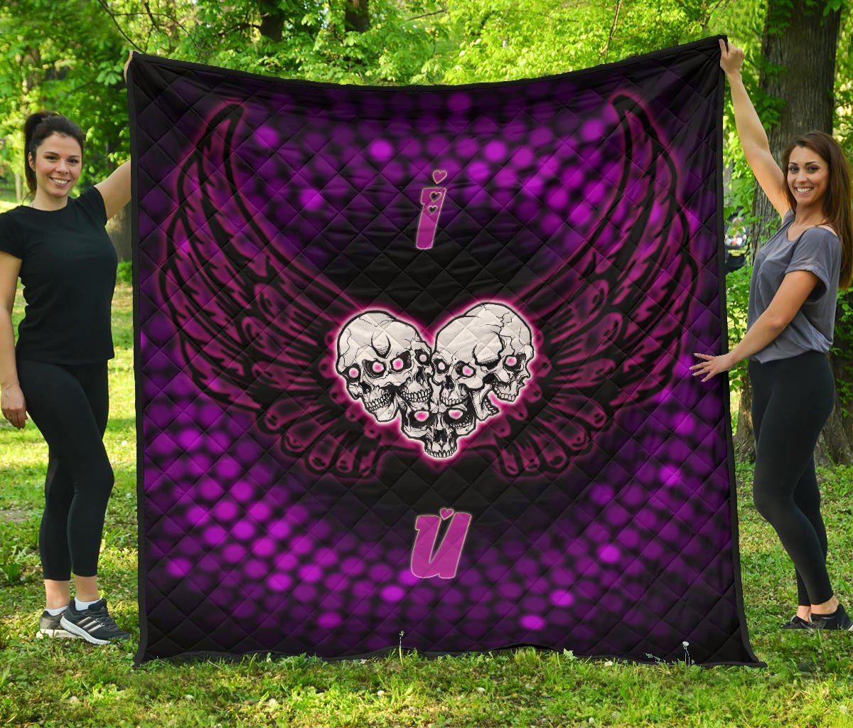 Valentine Premium Quilt – I Love You Purple Skull Heart With Wings Quilt Blanket