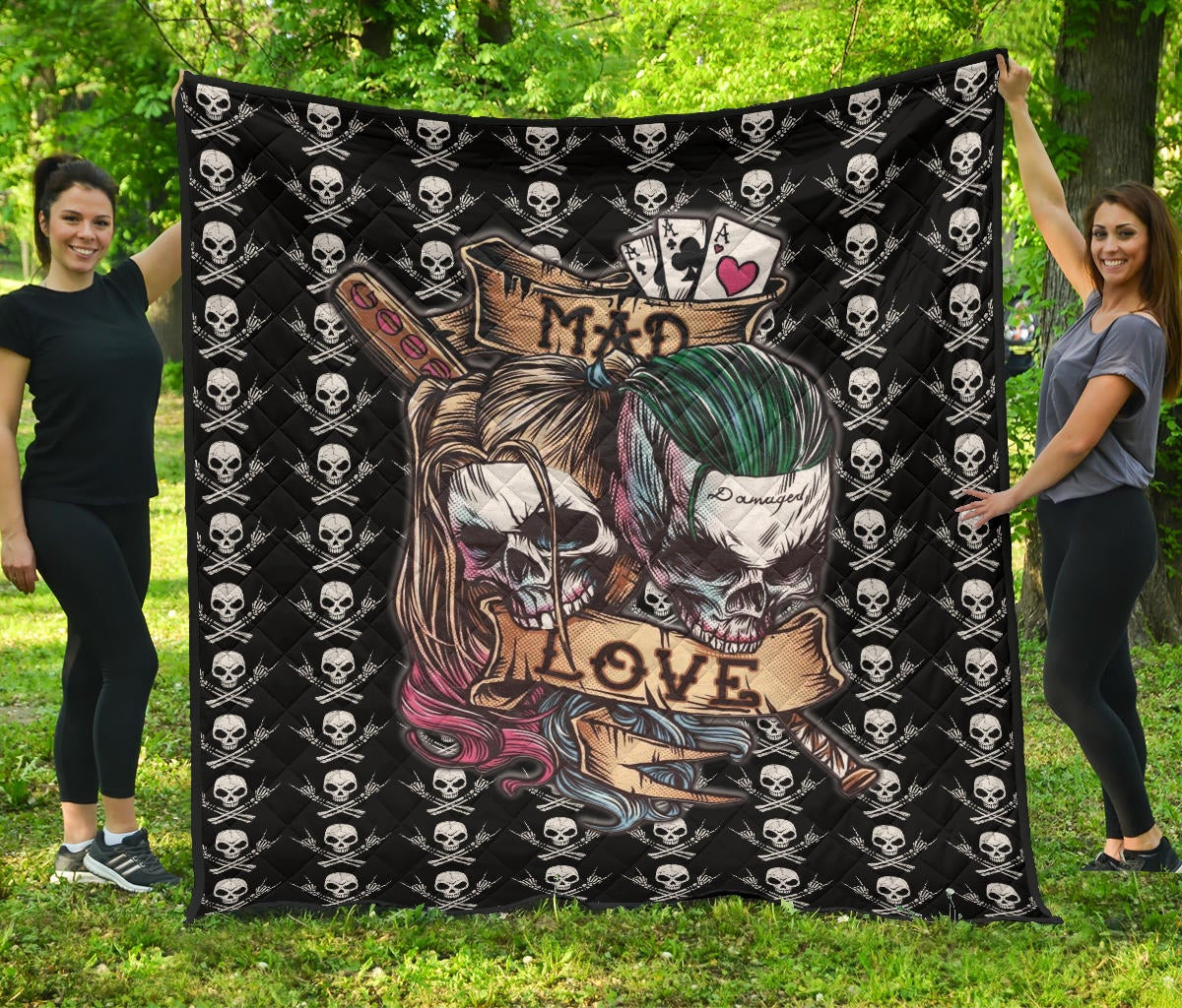 Valentine Premium Quilt – Mad Love Harley Quinn And Joker Skull Patterns Quilt Blanket