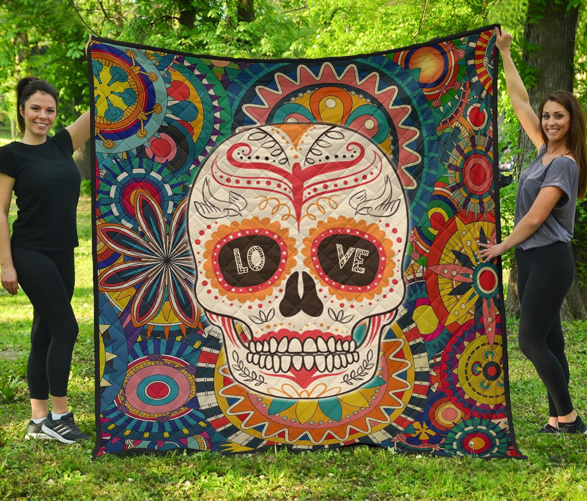 Valentine Premium Quilt – Mandala Skull Tattoo Love Eyes Colorful Quilt Blanket