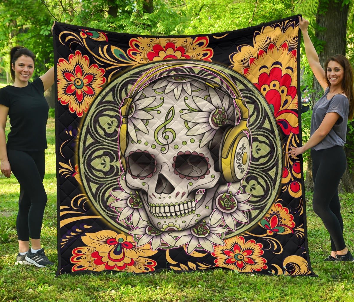 Valentine Premium Quilt – Mandala Skull Wearing Headphones Orange Artwork Quilt Blanket