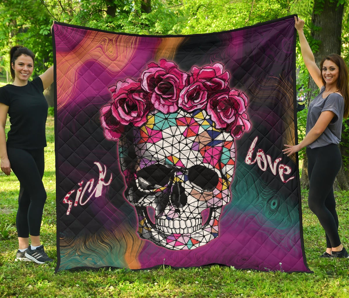 Valentine Premium Quilt – Mosaic Skull Wearing Rose Crown Sick Love Quilt Blanket