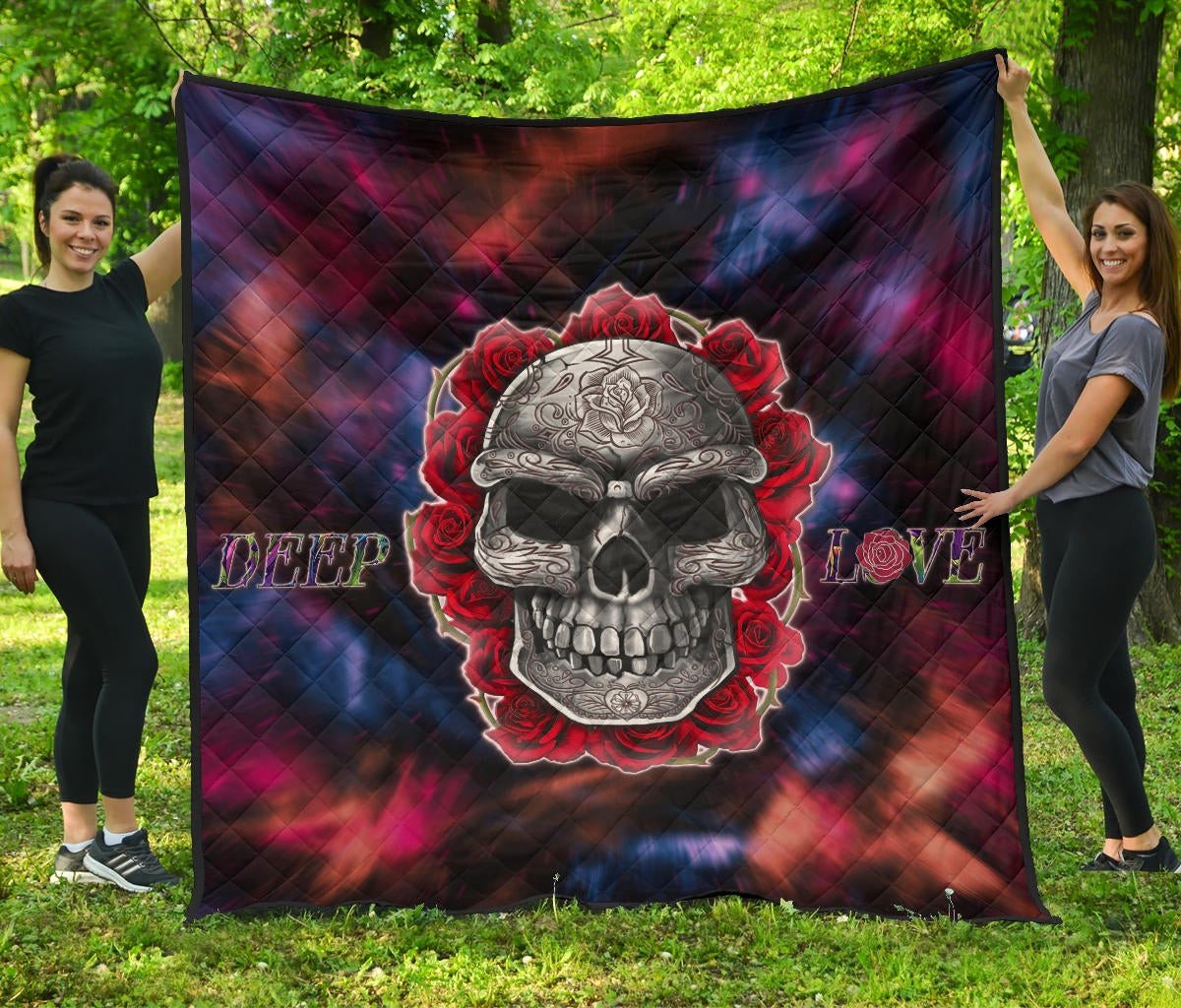 Valentine Premium Quilt – Red Rose Tattooed Skull Deep Love Quilt Blanket