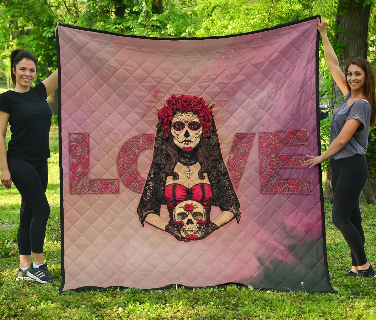 Valentine Premium Quilt – Roses Mandala Bride With Skull Love Quilt Blanket