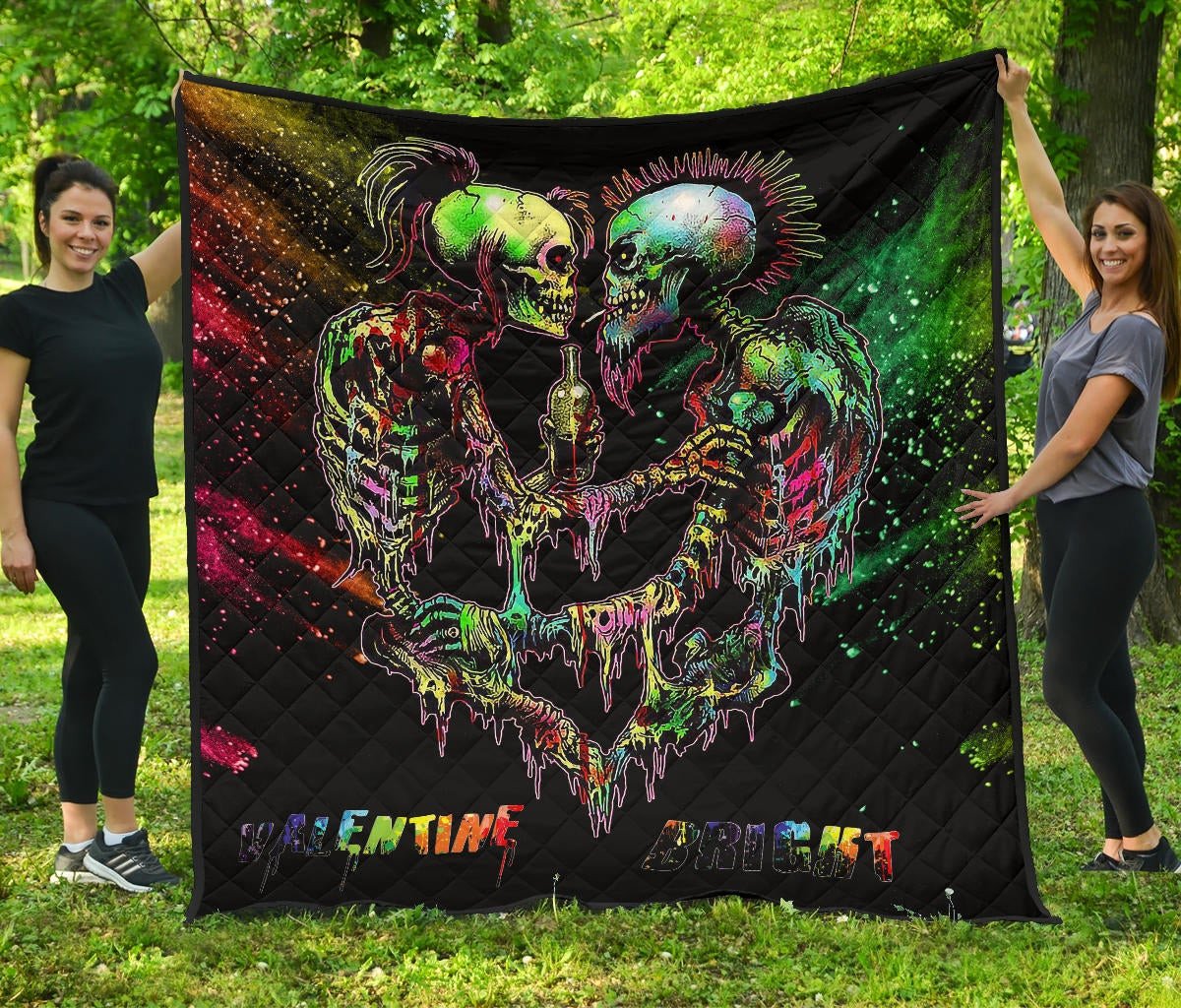 Valentine Premium Quilt – Skeleton Couple Colorful Rainbow Bright Smoke Quilt Blanket