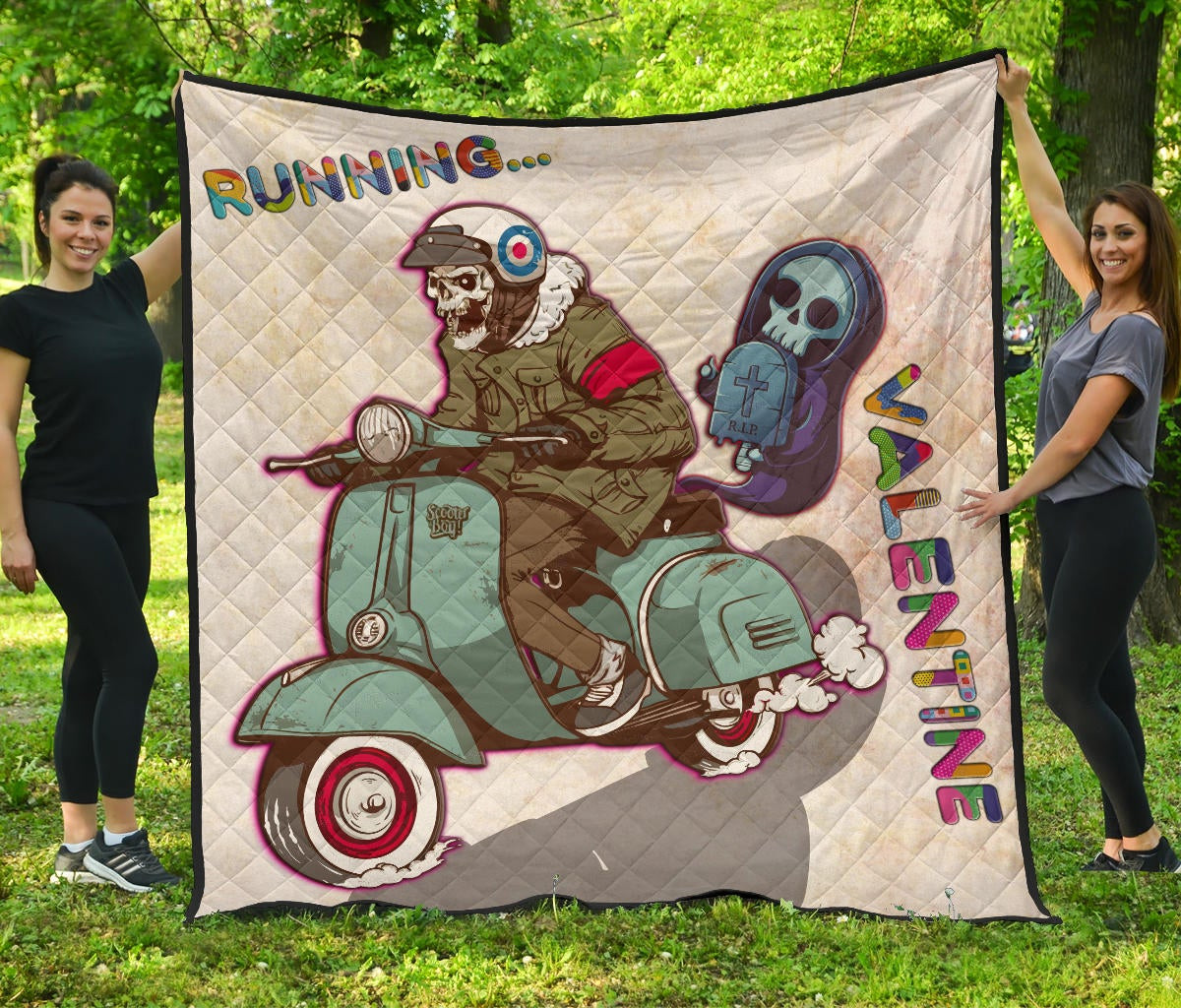 Valentine Premium Quilt – Skeleton Driving Vespa RIP Running Valentine Quilt Blanket