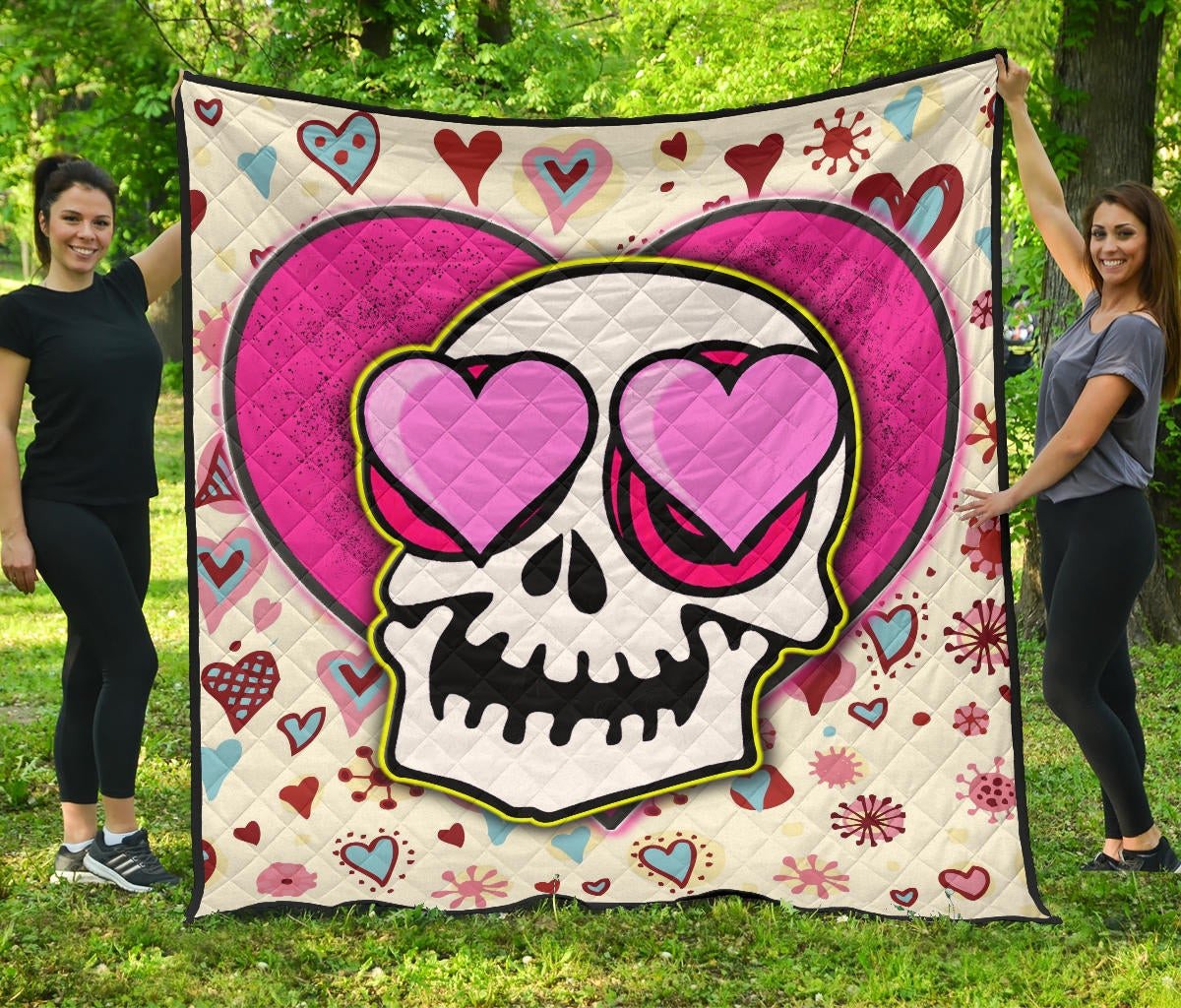 Valentine Premium Quilt – Skull In Love Heart Eyes Colorful Patterns Quilt Blanket