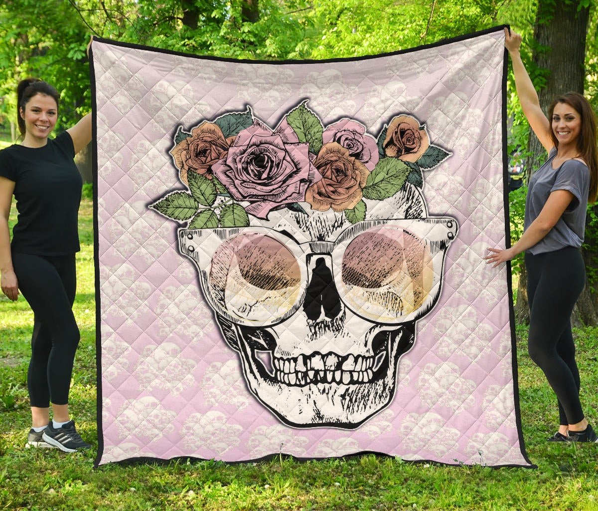 Valentine Premium Quilt – Skull Wearing Glasses And Flowers Crown Pink Quilt Blanket