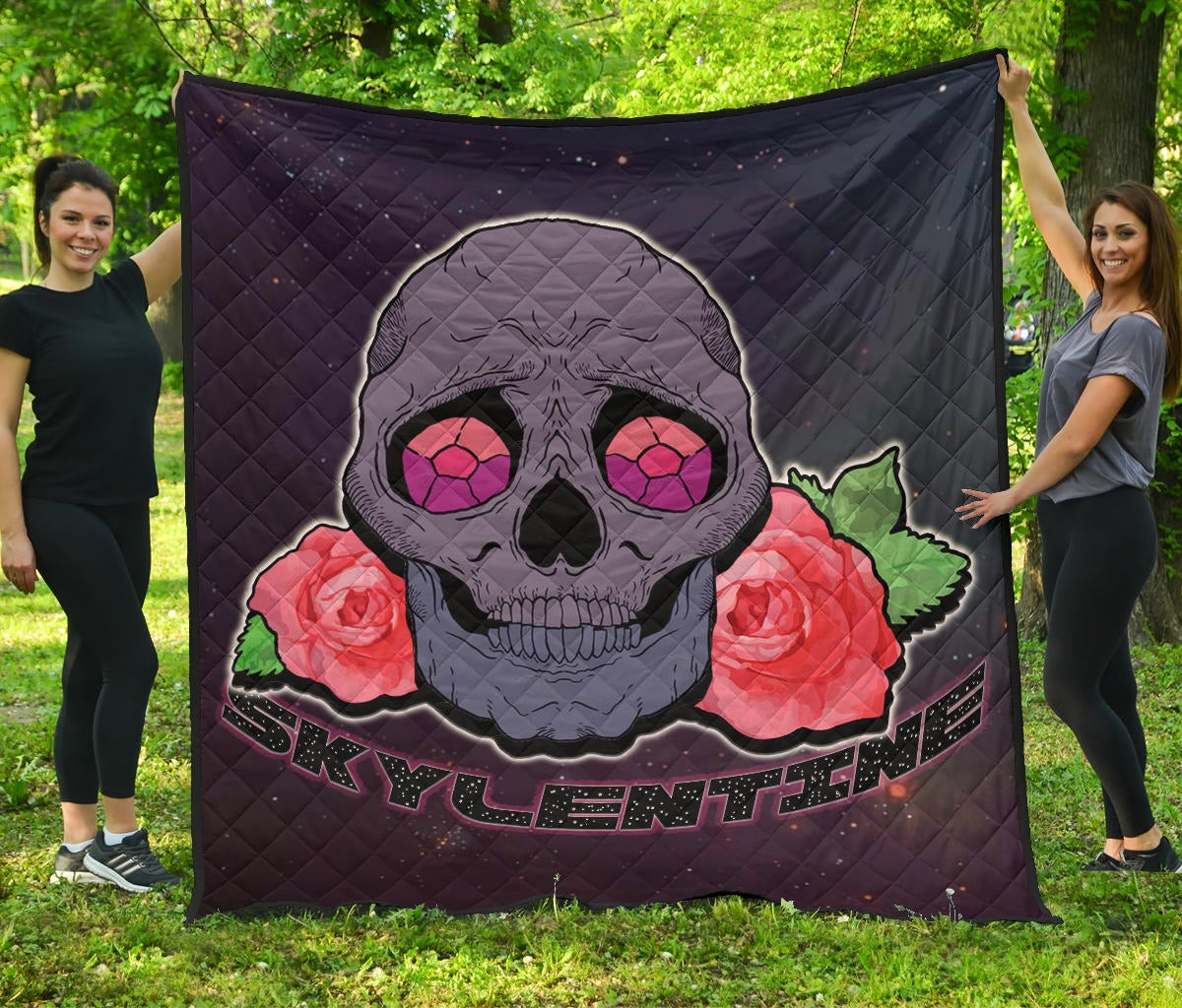 Valentine Premium Quilt – Skull With Roses Green Galaxy Sky Skylentine Quilt Blanket