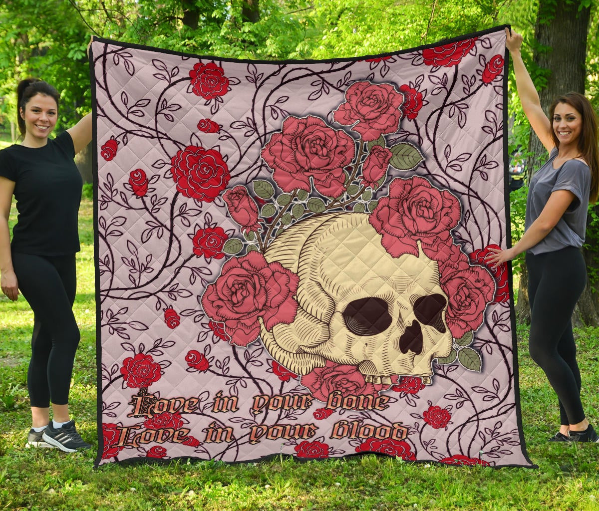 Valentine Premium Quilt – Skulls With Red Roses Flower Love In Bone And Blood Quilt Blanket