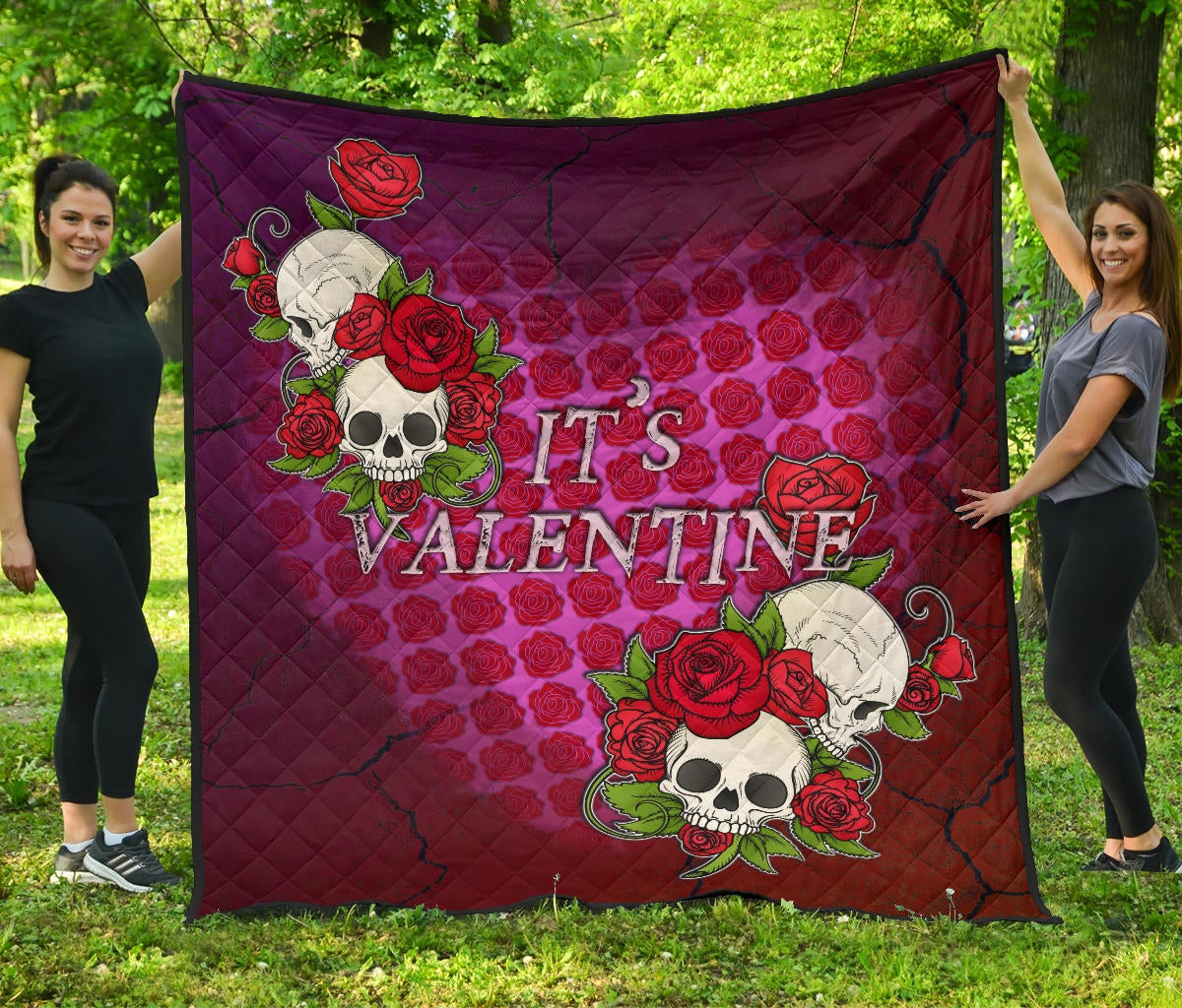 Valentine Premium Quilt – Skulls With Roses Flower Heart It’s Valentine Quilt Blanket