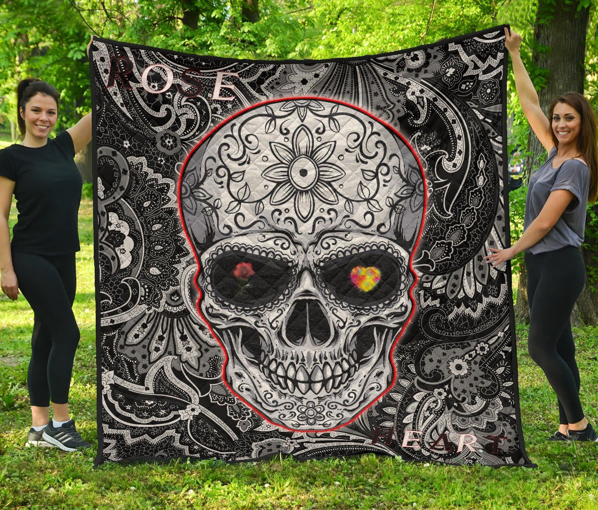 Valentine Premium Quilt – Tattooed Skull Rose Heart In Eyes Black White Pattern Quilt Blanket