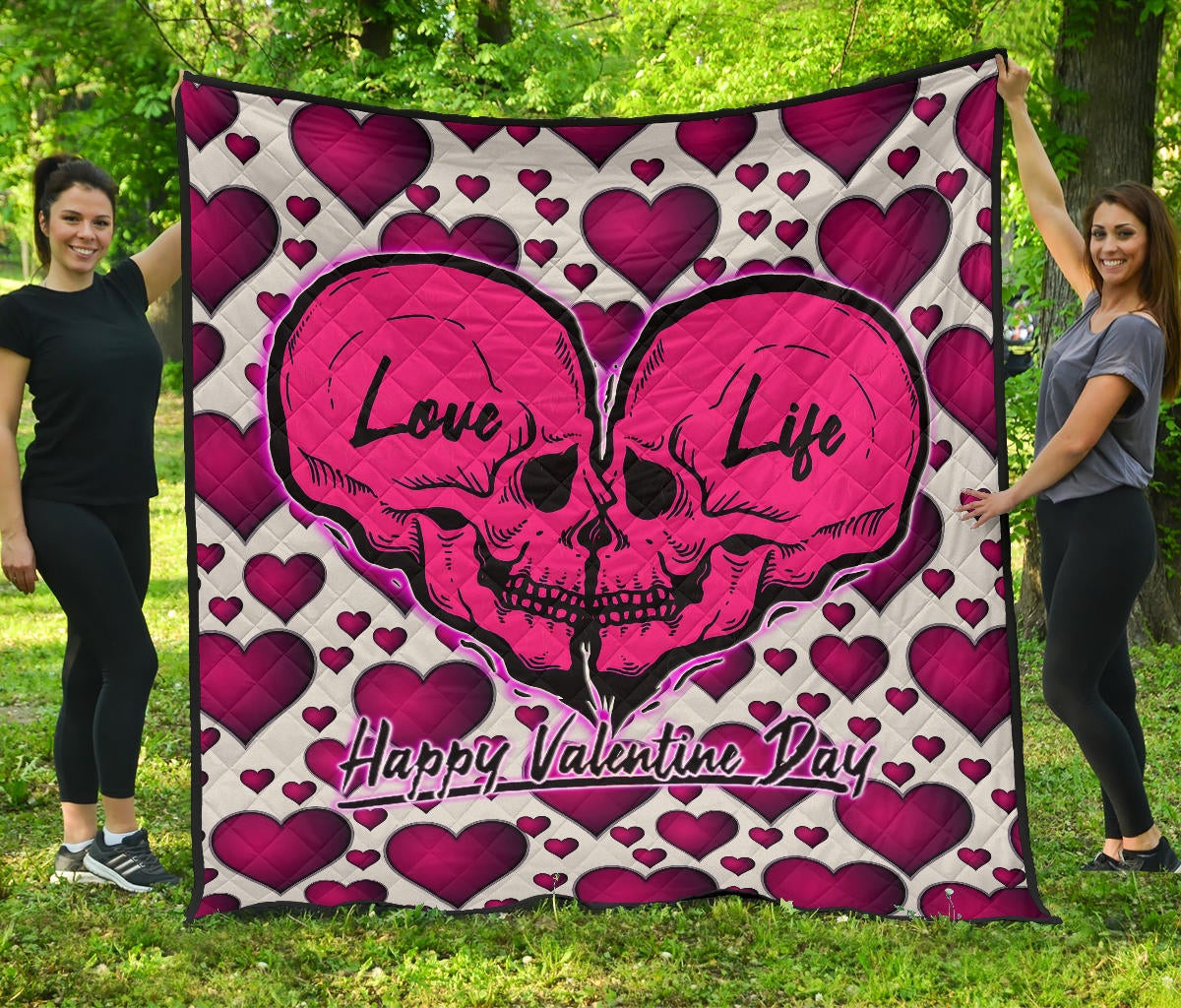 Valentine Premium Quilt Couple Skull Love Life Happy Valentine Day Pink Heart Patterns Quilt Blanket