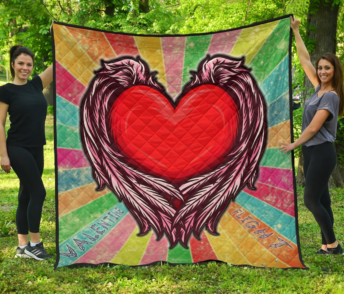 Valentine Premium Quilt Red Heart With Wings Flight Rainbow Vintage Background Quilt Blanket