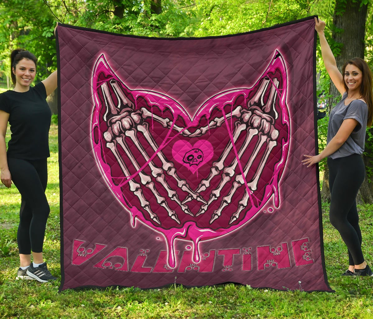 Valentine Premium Quilt Skeleton Hands In Melting Heart Valentine Pink Text Quilt Blanket