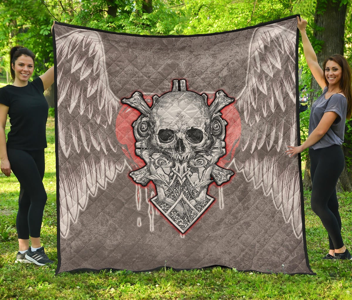 Valentine Premium Quilt Strange Skull With Angel Wings Red Heart Quilt Blanket