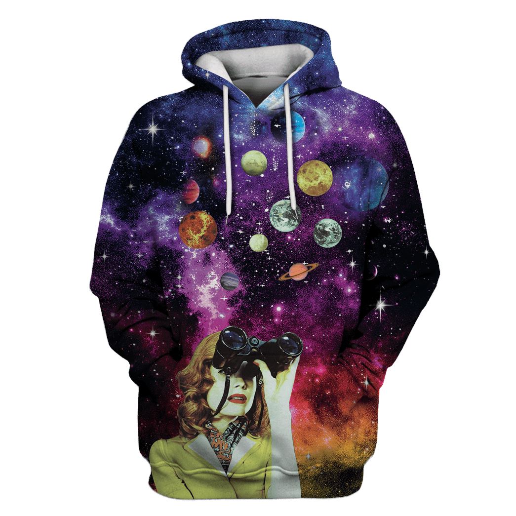 Woman Seeing The Galaxy With Binoculars Custom T-Shirt Hoodie Apparel